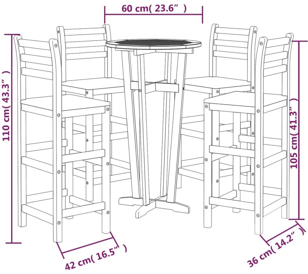 Set mobilier de bar de gradina, 5 piese, lemn masiv de acacia Scaune de bar cu spatar, 5