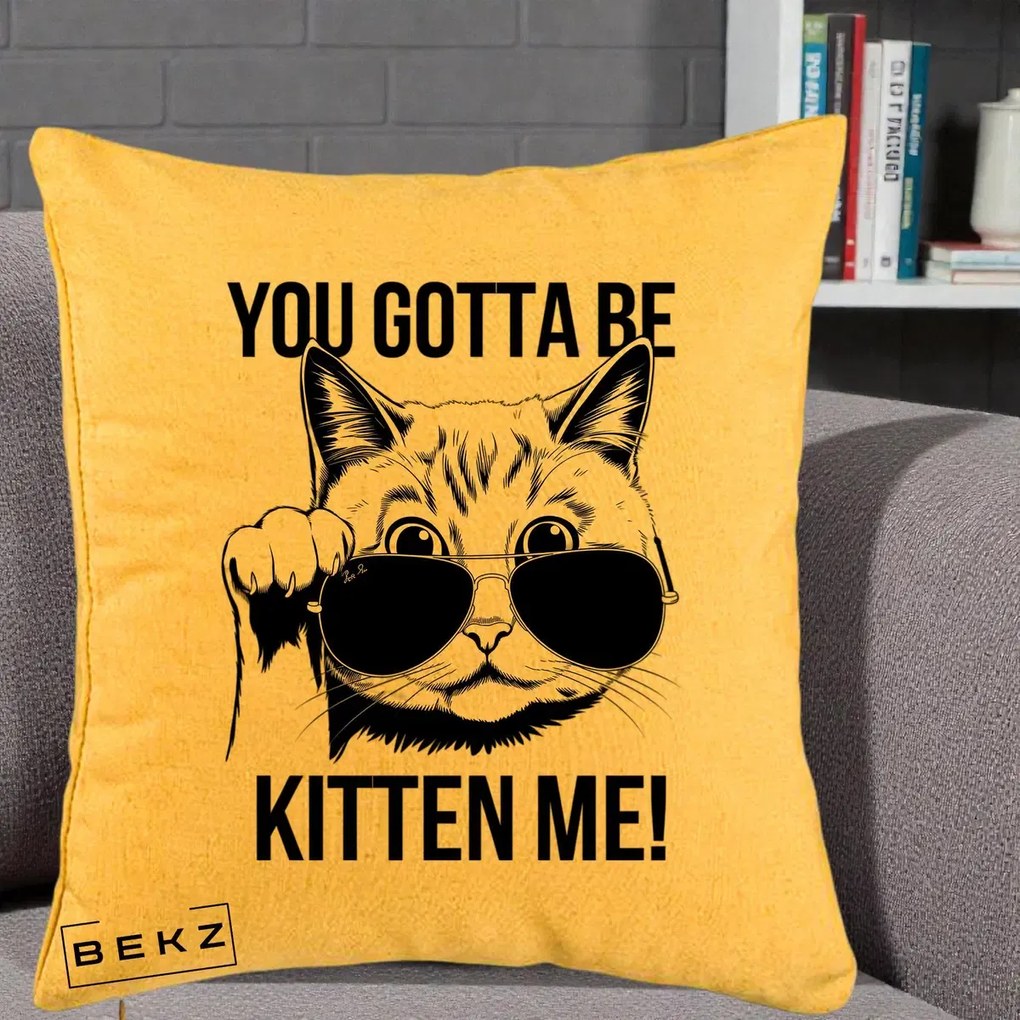Perna Decorativa You Gotta Be Kitten Me!, 40x40 cm, Galben, Husa Detasabila, Perna Inclusa, BEKZ®