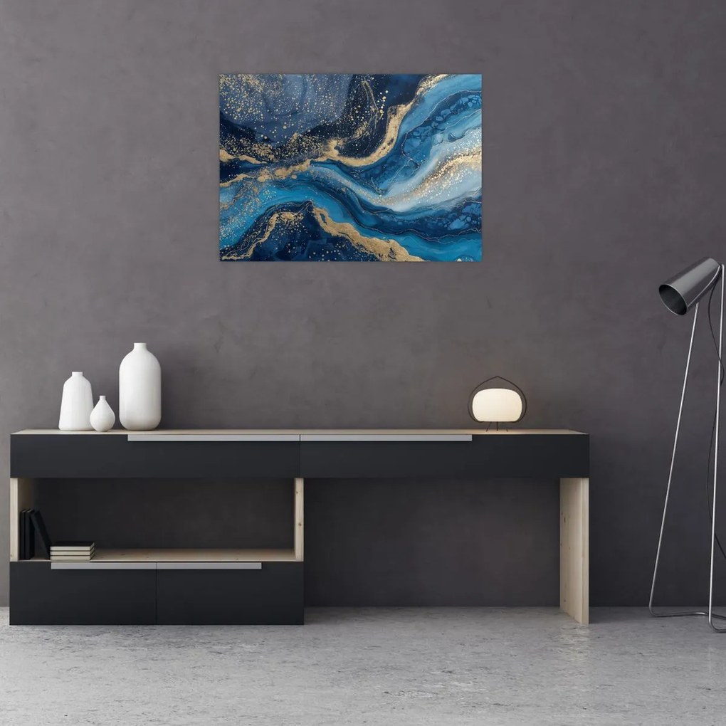 Tablou pe sticlă - Marmură abstractă albastru-aurie (70x50 cm)