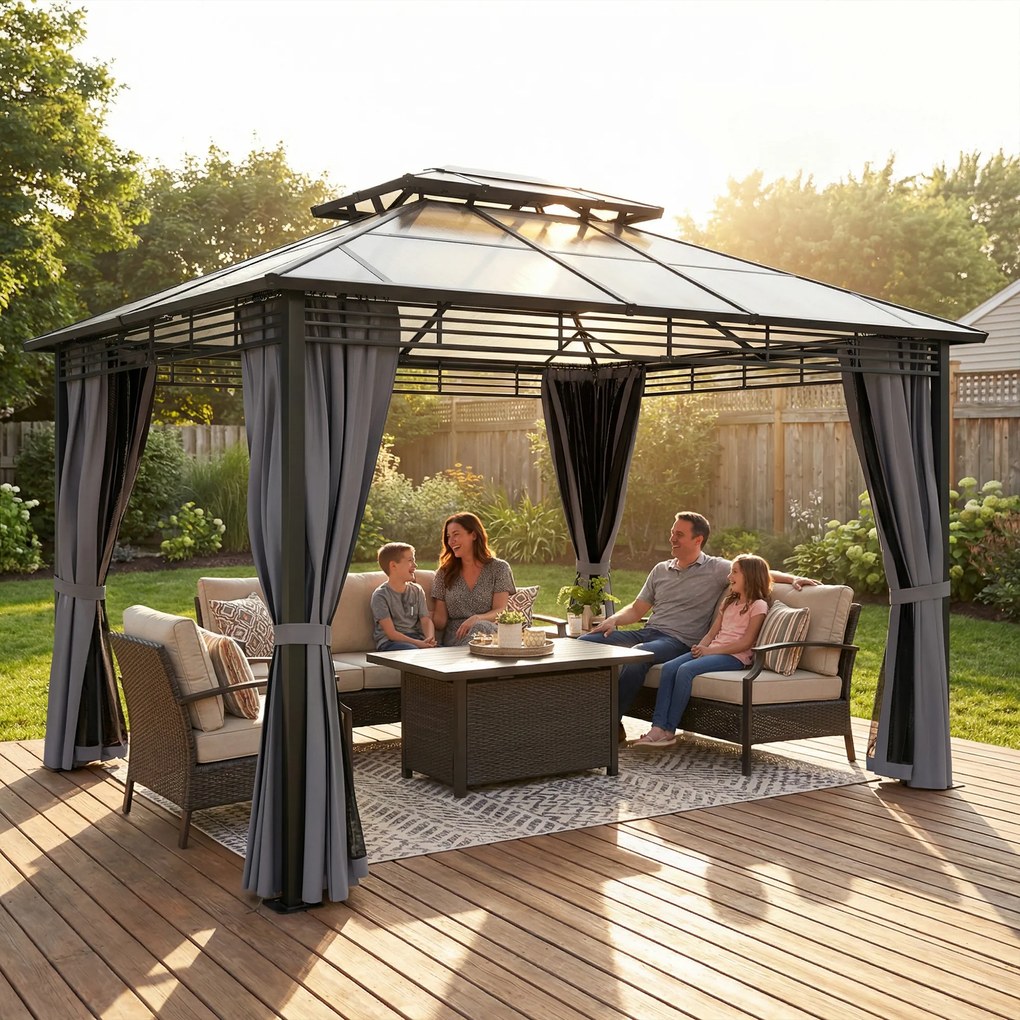 Outsunny Pavilion de grădină ca. 3,6x3m Pavilion din aluminiu cu dublu acoperiș din policarbonat de 6 mm, plasă de țânțari, 4 părți laterale, gri închis | Aosom Romania