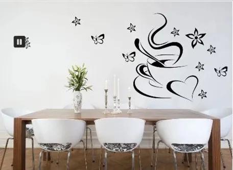 Bucătărie de perete autocolant de perete ceașcă de cafea cu inima și fluturi 100 x 200 cm