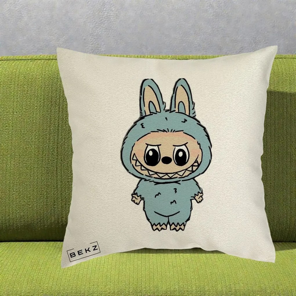 Perna Personalizata Labubu Albastru-Gri Solo, 40x40 cm, Ecru, Husa Detasabila, Perna Inclusa, BEKZ®