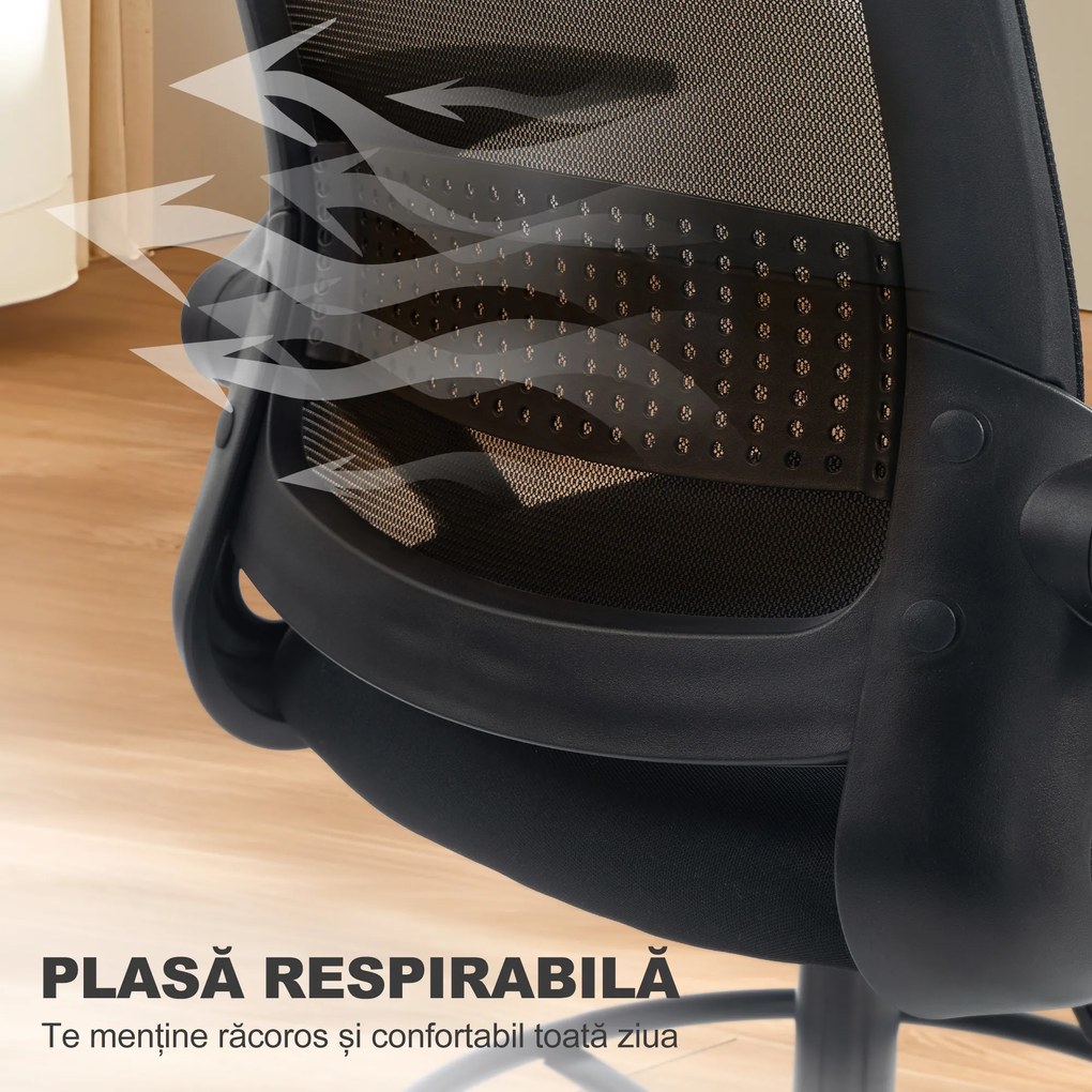 HOMCOM Scaun de Birou Ergonomic, Scaun Rotativ din Plasă, Înălțime Reglabilă și Suport pentru Picioare, Scaun de Birou cu Suport Lombar și Brațe Rabatabile, Capacitate 120kg, Negru | Aosom Romania