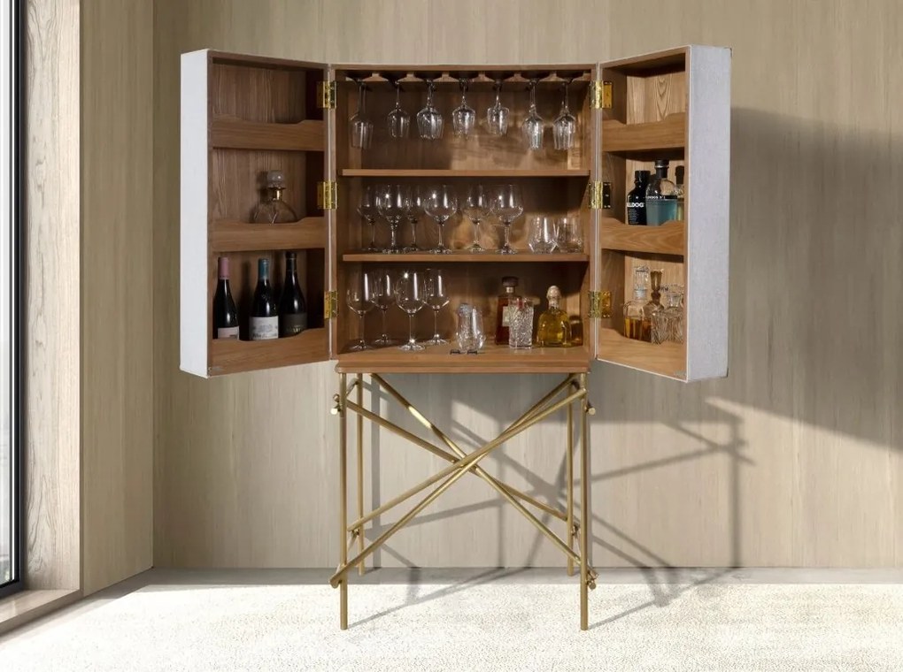 Bufet inalt LUX design italian, Tesatura gri deschis, Piele, Metal Golden