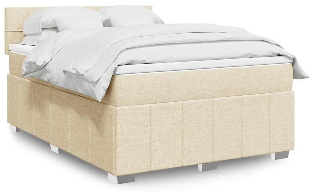 vidaXL Pat box spring cu saltea, crem, 140x200 cm, textil