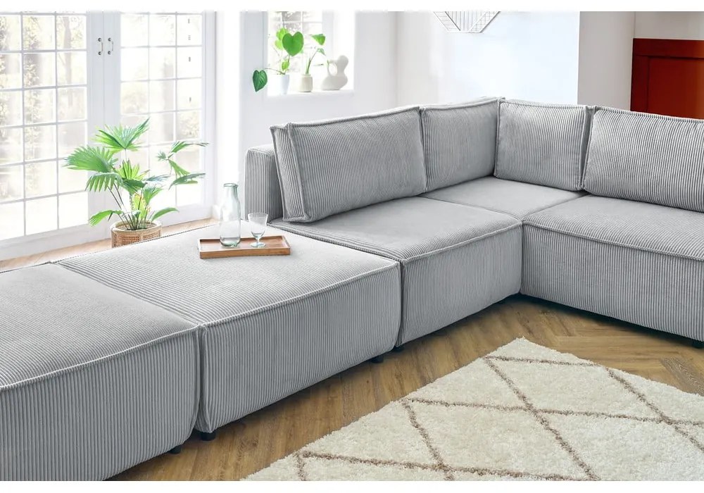 Colțar gri deschis cu tapițerie din catifea reiată (în formă de "U"/cu colț variabil) Nihad modular – Bobochic Paris