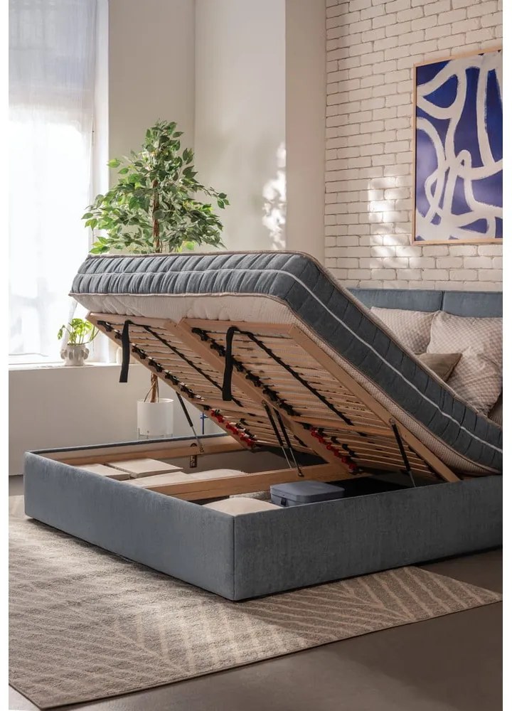 Pat matrimonial albastru tapițat cu spațiu de depozitare cu somieră 180x200 cm Thessa Pillow – Bonami Selection