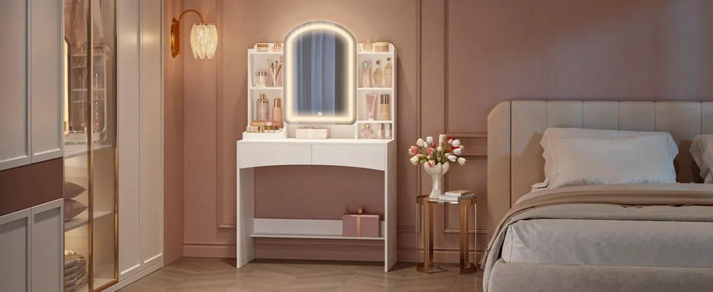 Masuta machiaj cu Oglinda LED si 2 Sertare pentru Cosmetice, Set Masa toaleta 90 cm, Alb, masuta cosmetica, vanity - SEA910
