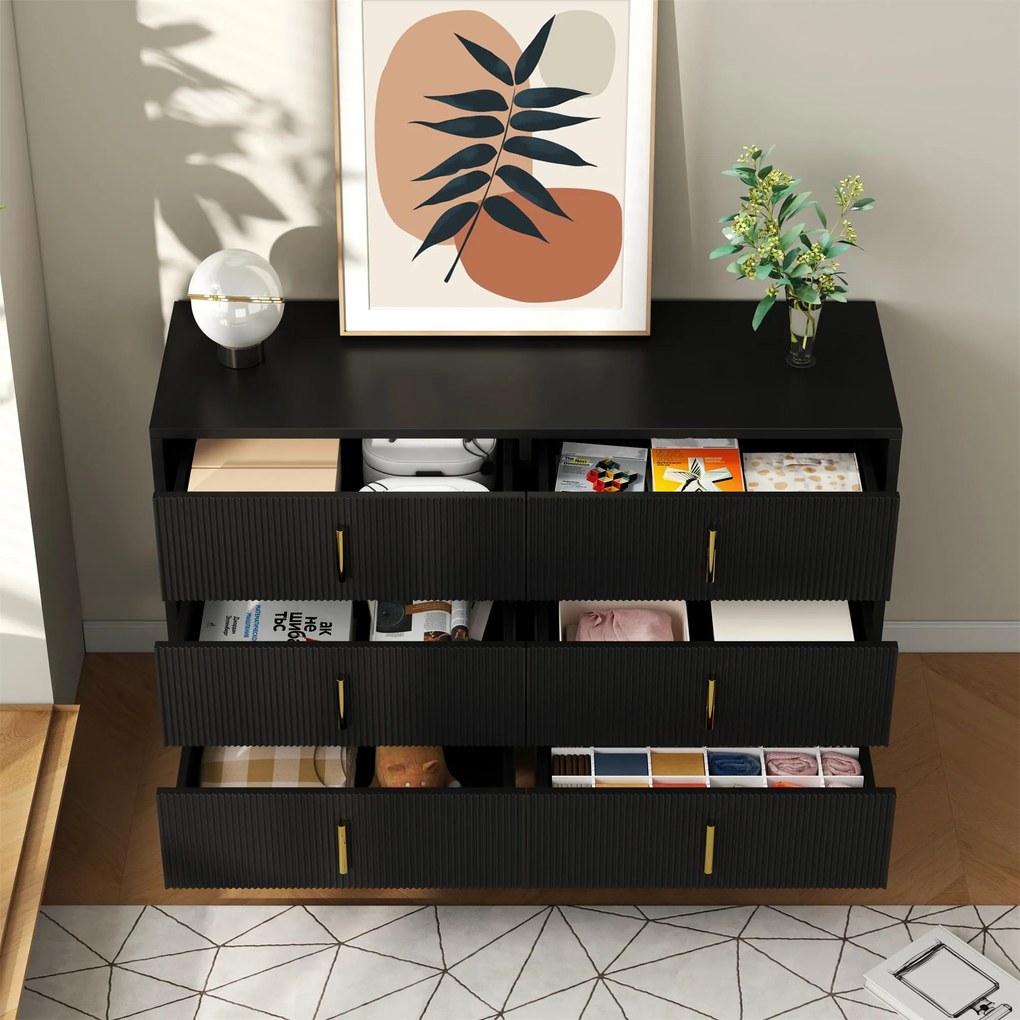 Bufet cu 6 sertare, mânere și picioare aurii, textură ondulată, 120x40x77 cm, Negru+Aurii