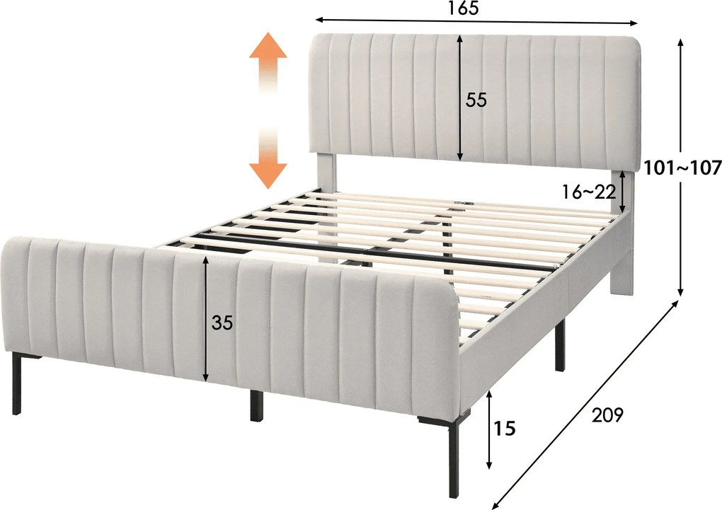 Pat dublu tapițat din țesătură de in 160x200 cm, cu tăblie reglabilă și somieră cu lamele, fără saltea, Gri+Bej