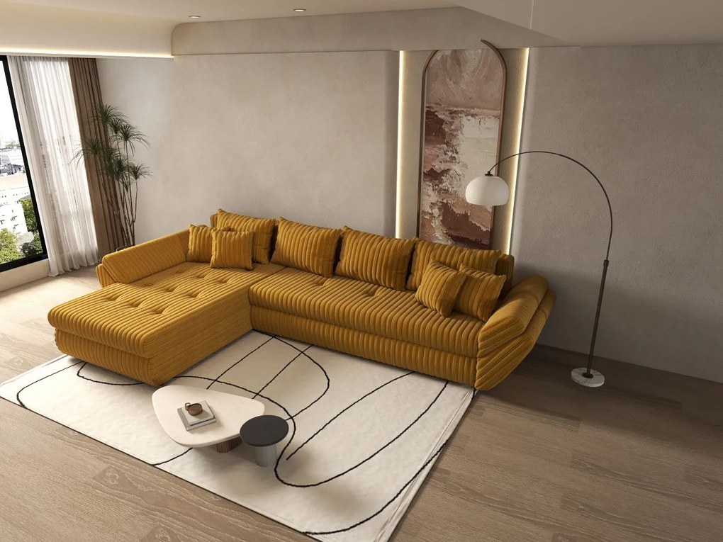 Colțar extensibil dumonde cu ladă de depozitare si sezut confortabil din spuma high-density, Loana XL Ambience Mustar 335x185 cm