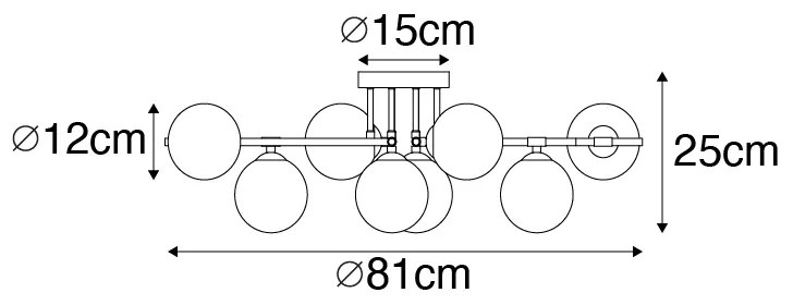 Plafoniera neagra cu auriu si sticla opala cu 8 lumini - Lynn