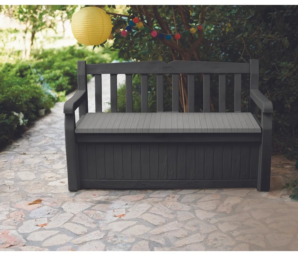 Cutie de depozitare pentru grădină cu bancă Keter Eden gri, 265 l, 140 x 60 x 84 cm