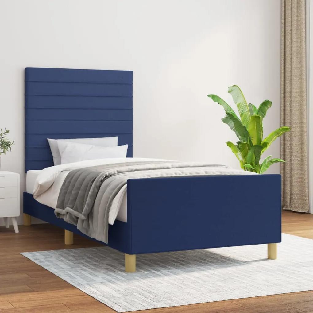 Cadru de pat cu tablie, albastru, 90x200 cm, textil Albastru, 90 x 200 cm, Benzi orizontale