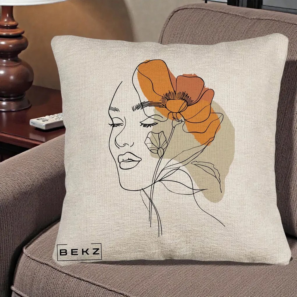Perna Decorativa Portret Feminin Mac Mare Portocaliu, 40x40 cm, Bej Canapea, Husa Detasabila, Perna Inclusa, BEKZ®