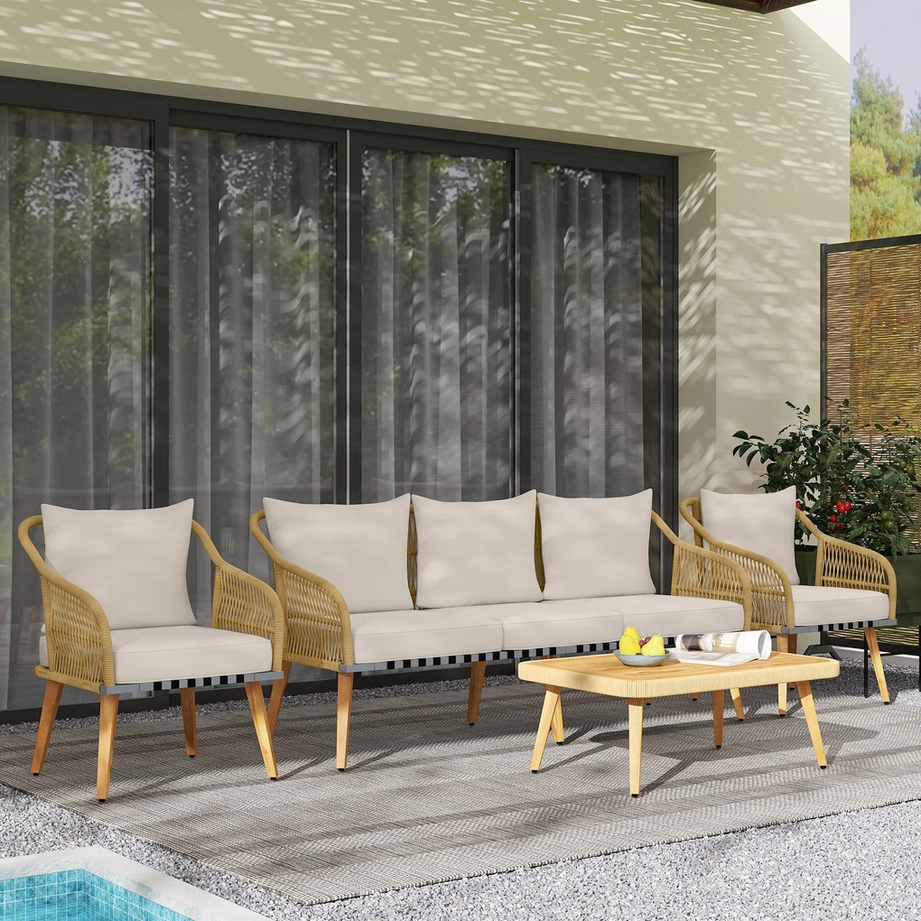 Outsunny Set de Mobilier de Grădină din 4 Piese cu Canapea, 2 Fotolii, Măsuță și Perne, 180x64x80 cm, Kaki | Aosom Romania