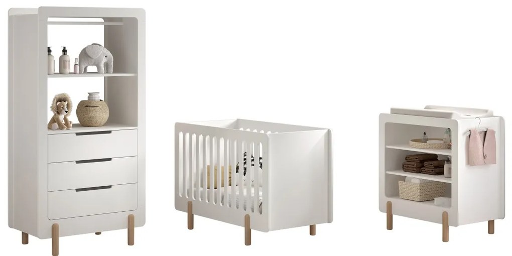 Set mobilier pentru copii SMILE, alb, pat 60 x 120 cm cu bare robuste și bază reglabilă, masă de schimbat cu trei rafturi deschise și dulap cu suport
