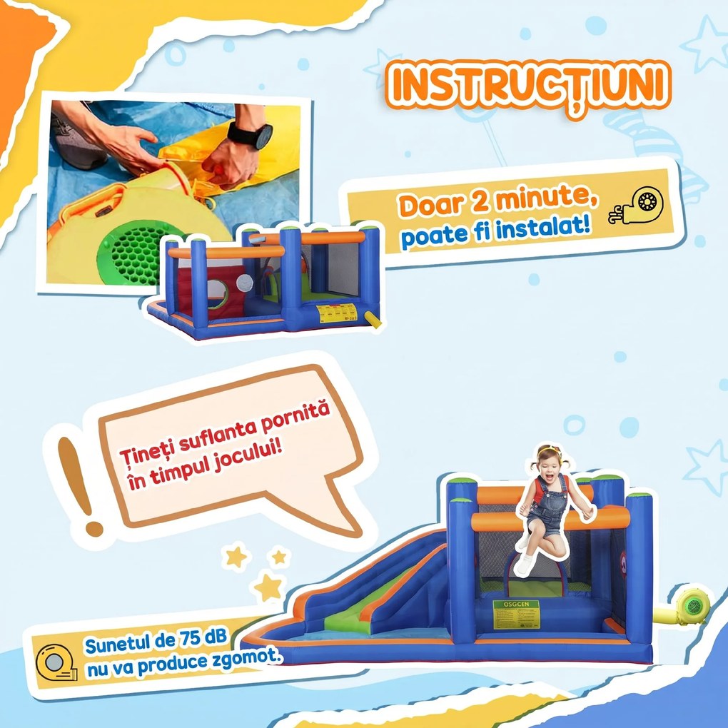 Outsunny 4 in 1 pentru copii Tobogan de apa Bounce House tobogan, trambulina, piscina, pentru copii de 3-8 ani