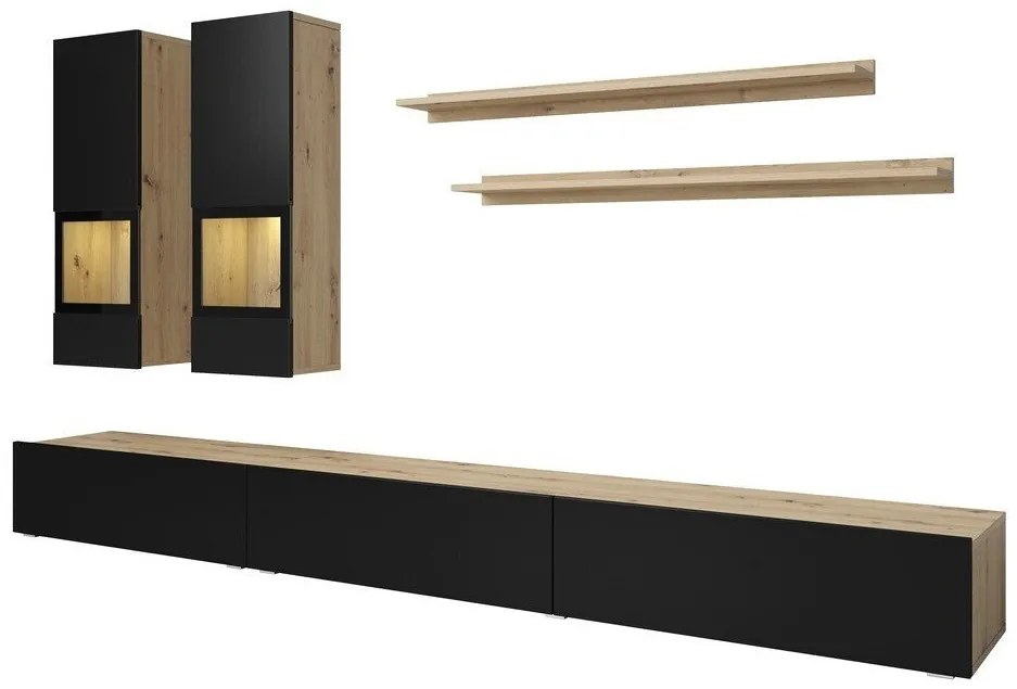 Camera de zi Austin AS103Negru mat, Stejar Artisan, Cu comodă tv, Părți separate, PAL laminat, Sticlă călită