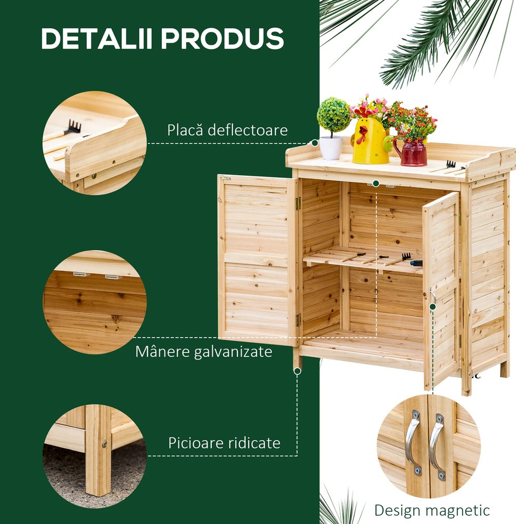 Dulap de exterior Outsunny cu 2 rafturi din lemn de brad cu design înălțat și 2 uși, 83x40x92 cm, culoarea lemnului | Aosom Romania