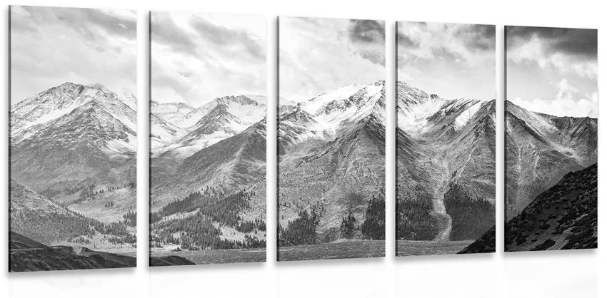 Tablou 5-piese panorama montană frumoasă în design alb-negru