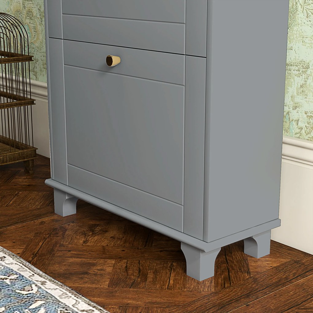 HOMCOM Mobilier Pantofar Ingust cu 2 Usi Basculante si 1 Sertar pentru 8 Perechi de Pantofi 60x23,5x98,5 cm Gri | Aosom Romania