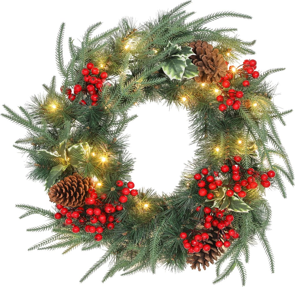 HOMCOM Ghirlandă de Crăciun de 60 cm cu Lumini LED Albe, Coroană de Crăciun cu Temporizator, 170 de Ramuri, Conuri de Pin, Boabe și Vâsc, Decor de Crăciun pentru Ușă și Fereastră, Verde | Aosom Romania