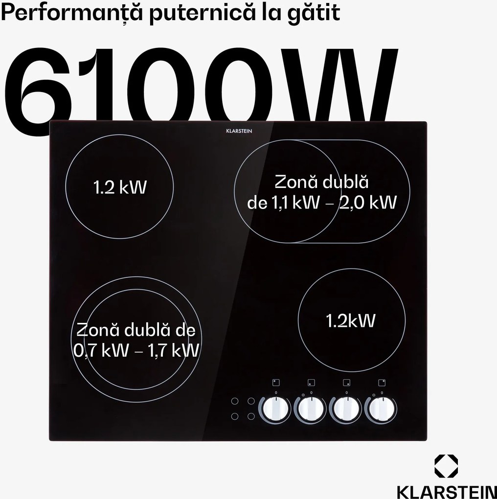 Klarstein EasyCook, plită din sticlă ceramică, 6100 W, buton rotativ, negru