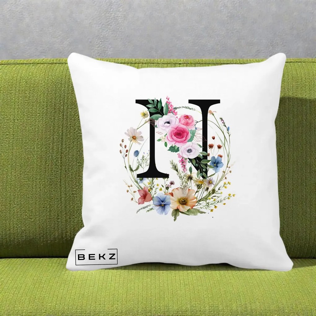 Cadou Personalizat - Perna Personalizata Monogram Litera N cu Flori Acuarela, 40x40 cm, Alba Mata, Husa Detasabila, Perna Inclusa, BEKZ®