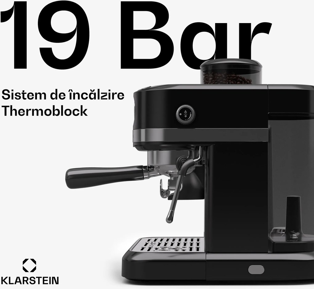 Klarstein Espressor Bella, Vintage, râșniță, 19 bari, spumator de lapte, manometru, 1150 W