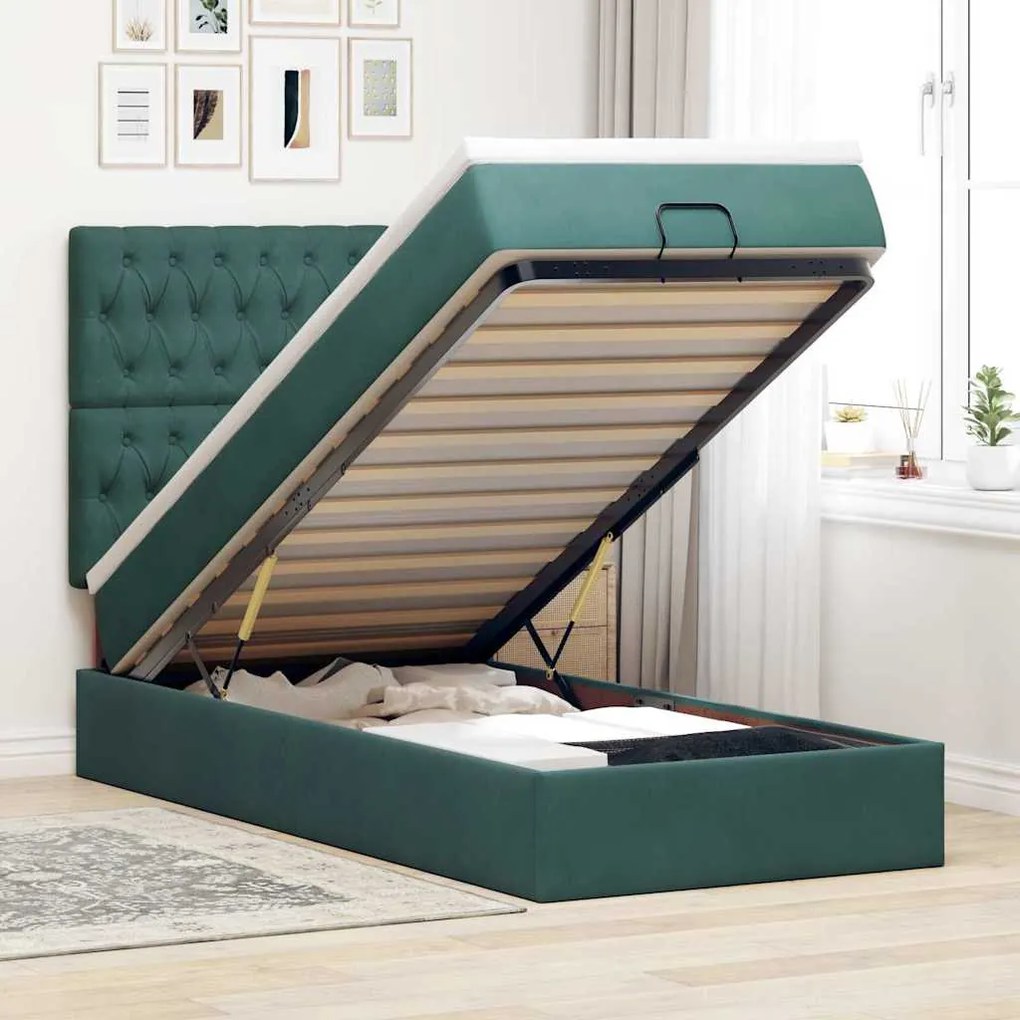 vidaXL Cadru de pat otoman cu saltele, catifea verde închis 100x200cm