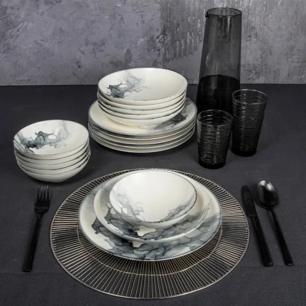 Set de veselă, 24 piese, alb/negru, porțelan