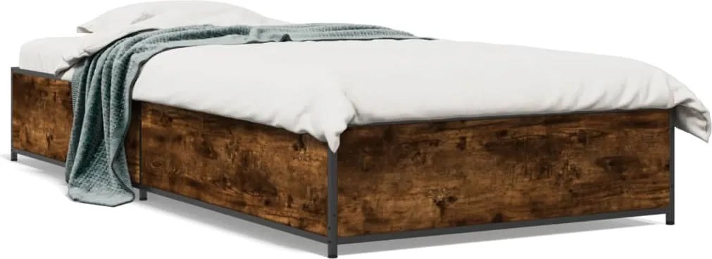 vidaXL Cadru de pat, stejar fumuriu, 90x190cm, lemn prelucrat și metal