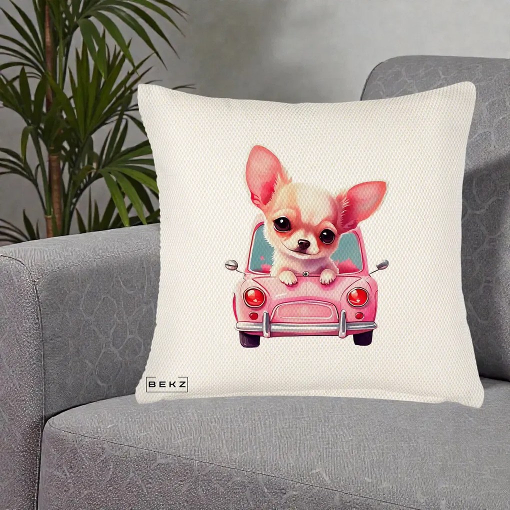 Perna Decorativa Chihuahua Roz in Masinuta, 40x40 cm, Crem Reliefat, Husa Detasabila, Perna Inclusa, BEKZ®