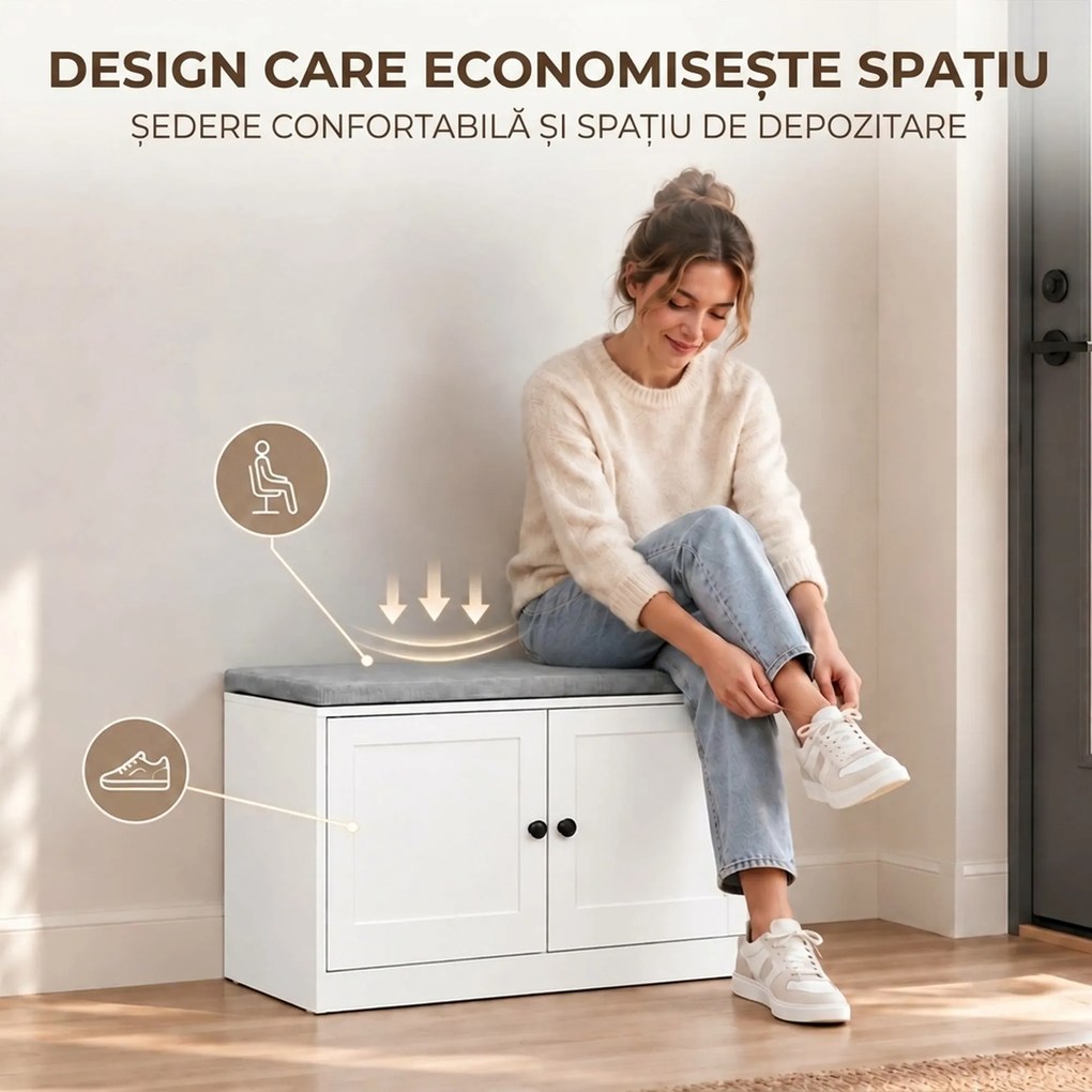 HOMCOM Bancă pentru pantofi cu pernă tapițată, 80x35,5x52,5 cm, alb | Aosom Romania