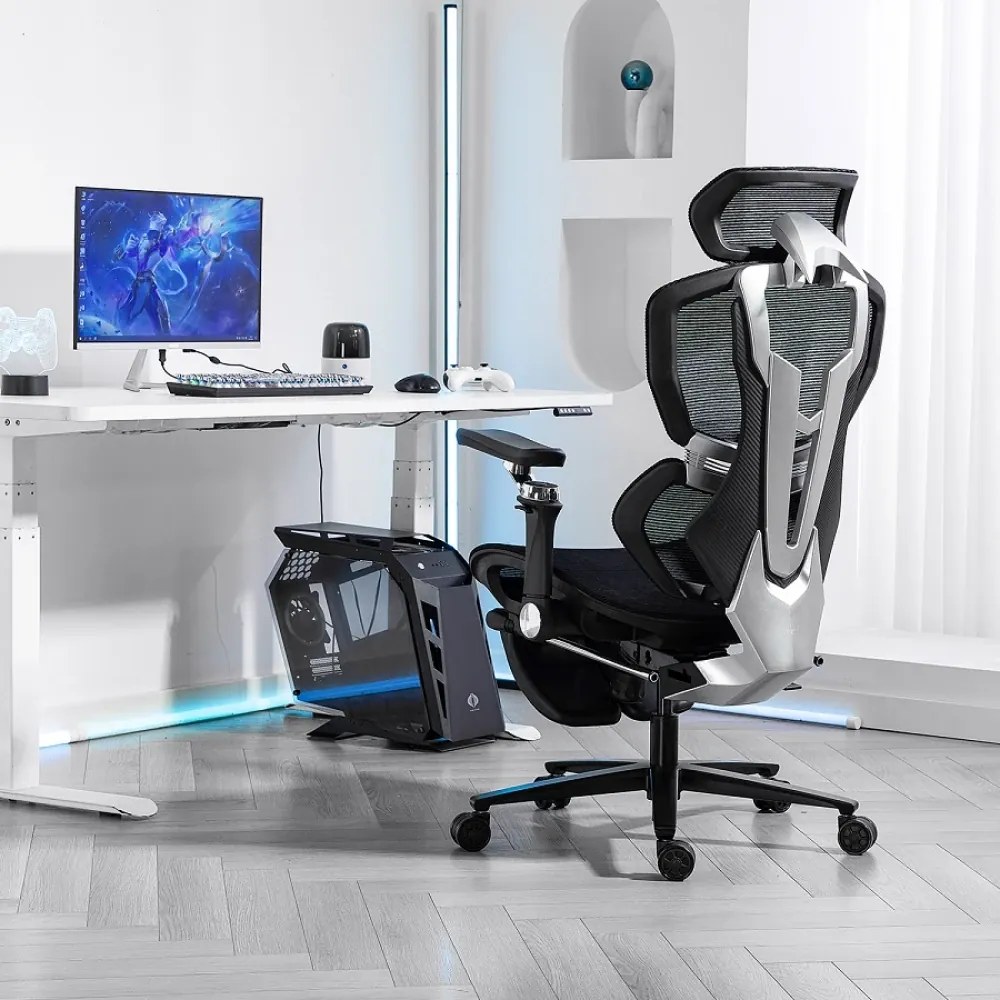 ErgoMesh X863 Scaun ergonomic, Sezut Translatie, cotiere 6D, Tetiera 3D, Suport lombar automat, Suport picioare, Baza Aluminiu, Full Mesh, Negru