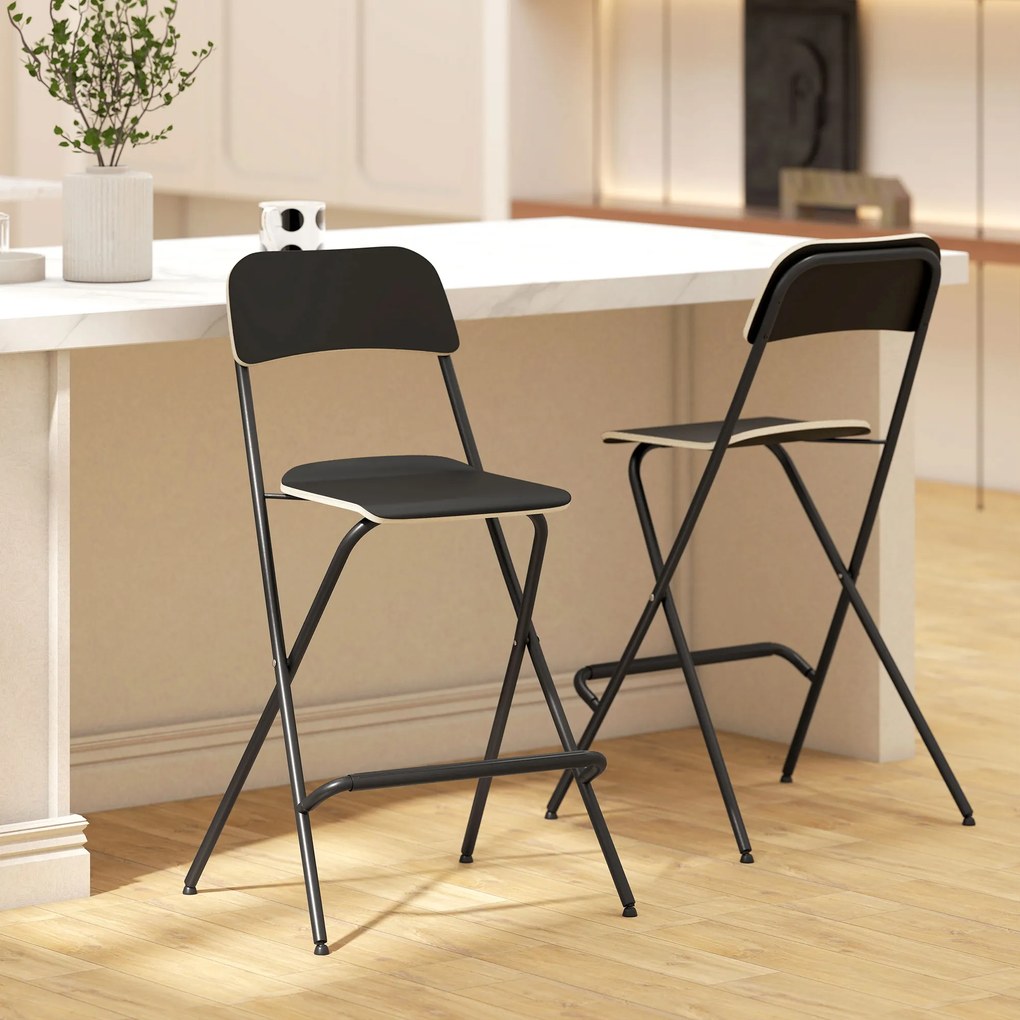HOMCOM Set de 2 scaune de bar pliante cu cadru din oțel, pentru bucătărie, negru | Aosom Romania