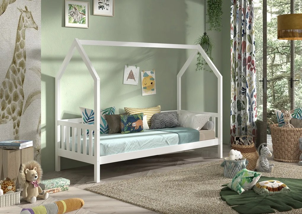 Pat‑căsuță 90 × 200 cm ALB cu balustradă și sertar – refugiu sigur și somn liniștit – gamă Dallas – Vipack