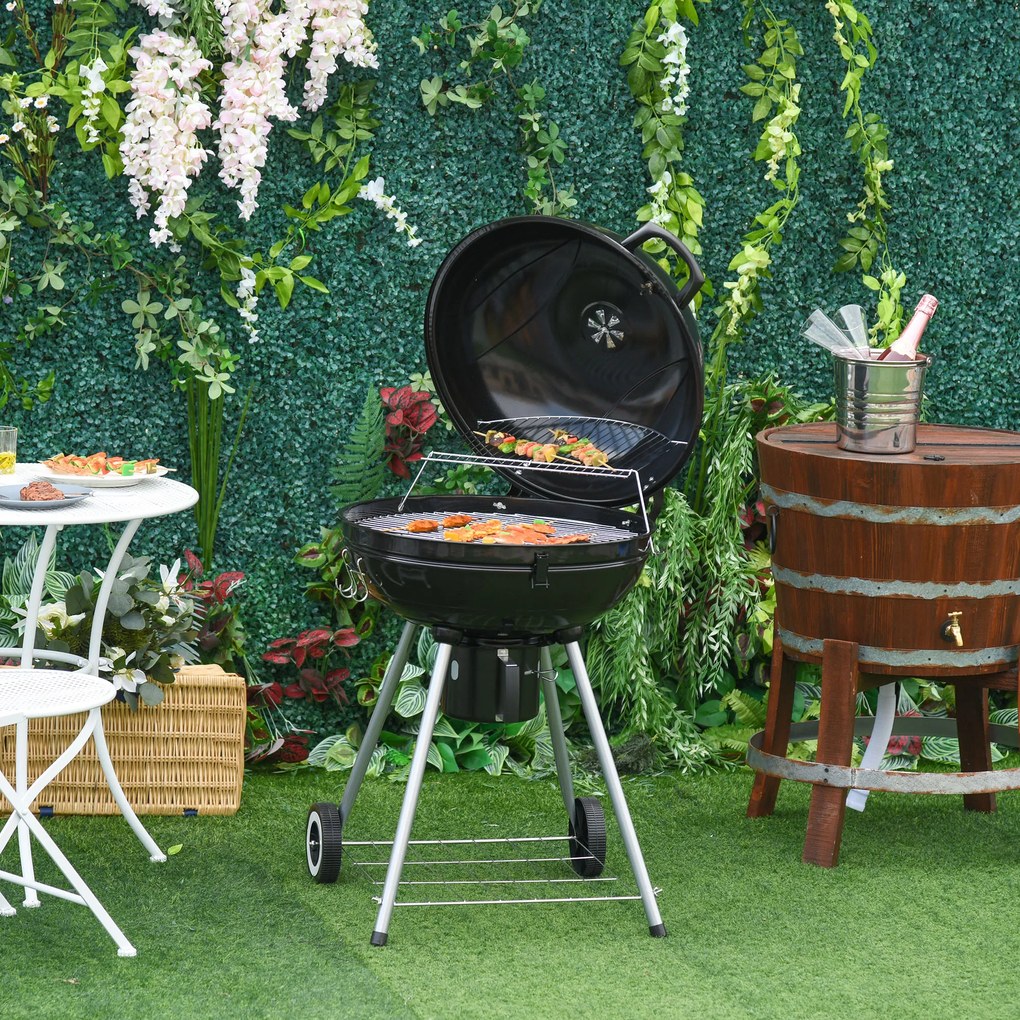Gratar cu Carbune Capac si Termometru Outsunny, Grilaj Dublu, Metal Negru | Aosom RO
