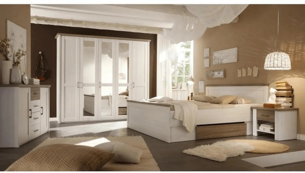 Set dormitor LUMERA, pin alb/stejar sonoma, PAL laminat, cu pat 180x20