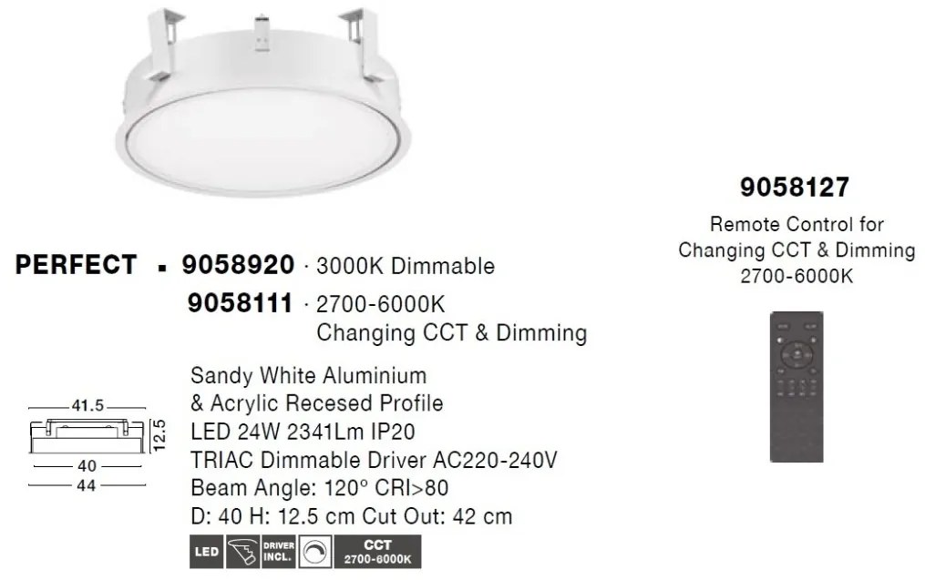 Plafoniera LED incastrabila reglabila PERFECT 40cm alba 3000K Dimmable