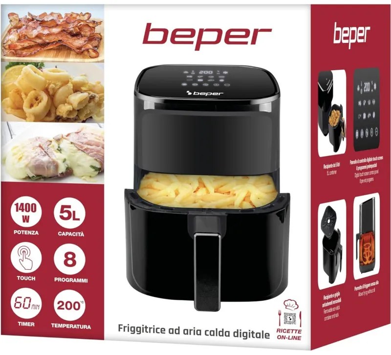 Resigilat: Friteuza cu aer cald Air Fryer Beper P101FRI051, 1400 W, 5 L, 8 programe, 80-200°C, Timer, Negru