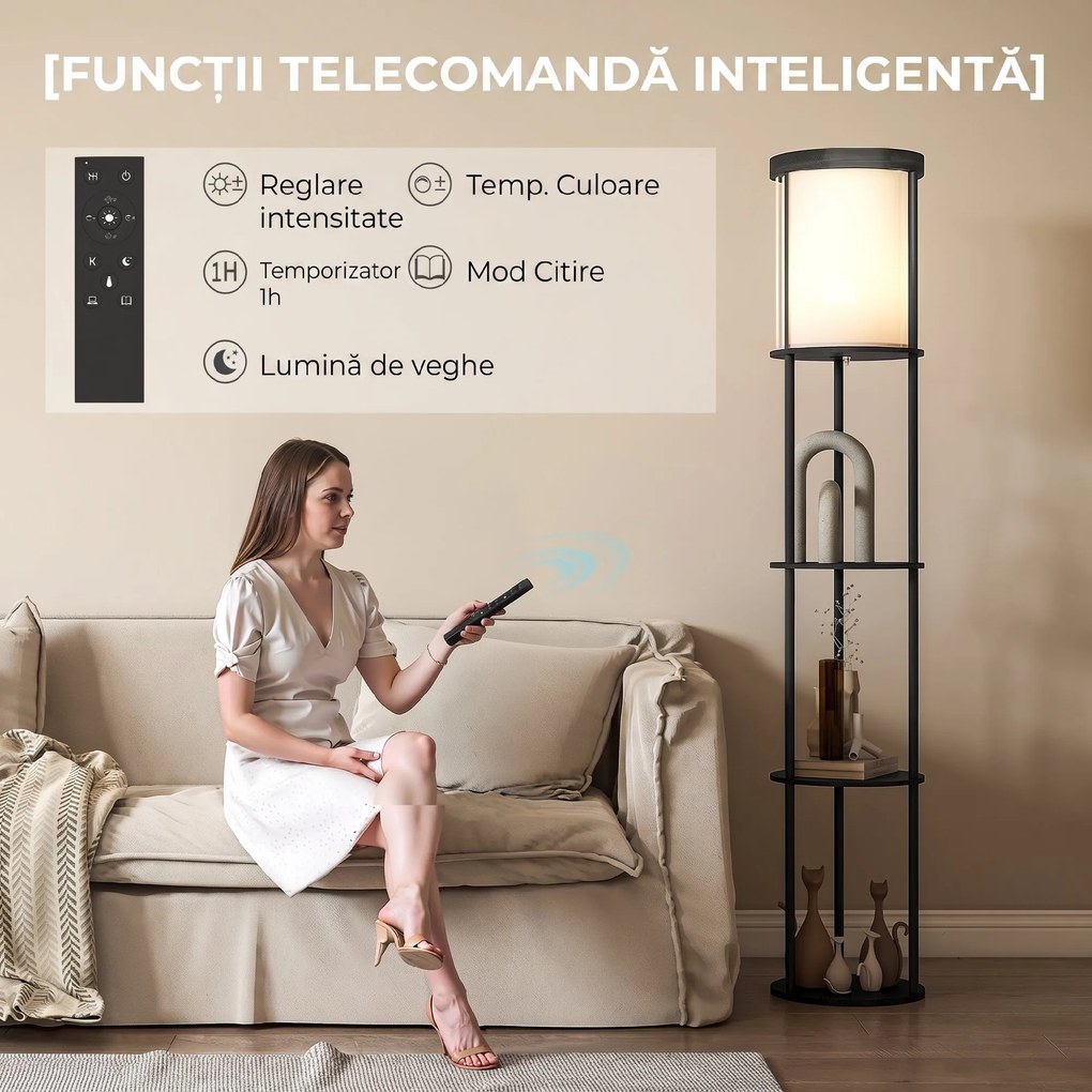 HOMCOM Lampă de Podea LED cu Rafturi Rotunde, Abajur Textile, Comutator cu Pedală și Telecomandă, Negru | Aosom Romania