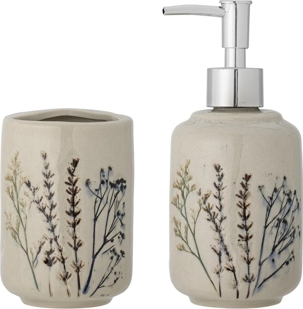 Set dispenser săpun lichid și pahar din ceramică cu flori de câmp aplicate manual, D8×H11/D8×H18 cm, „Bea"