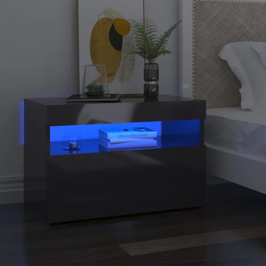 3082791 vidaXL Noptiere cu lumini LED, 2 buc., gri extralucios, 60x35x40 cm