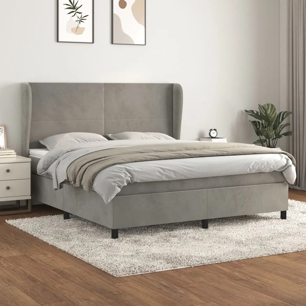 Pat box spring cu saltea, gri deschis, 180x200 cm, catifea Gri deschis, 180 x 200 cm, Design simplu