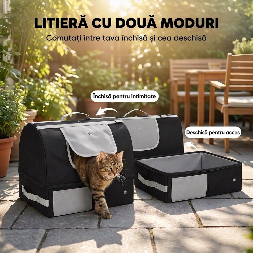 PawHut Litieră Portabilă Pliabilă pentru Pisici, cu Capac Detașabil, din Țesătură Oxford 600D Impermeabilă, Negru | Aosom Romania