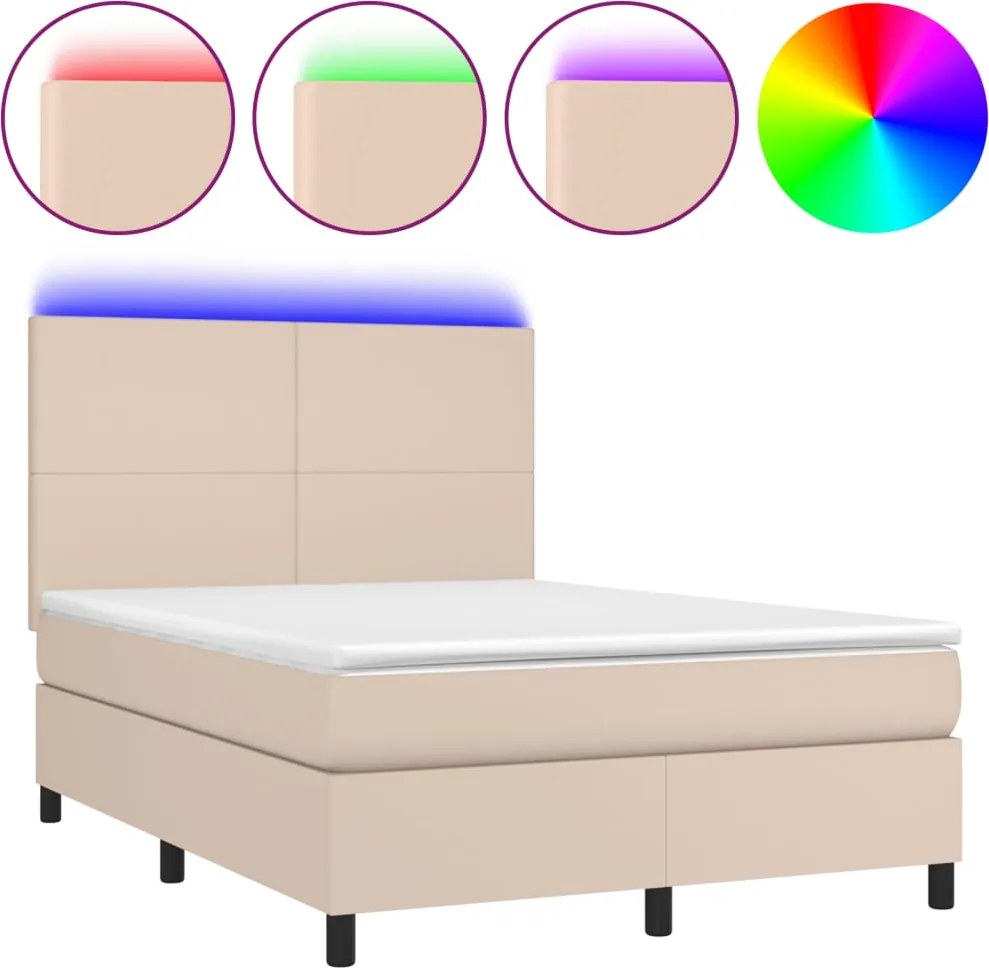 vidaXL Pat cu arcuri, cu saltea și LED cappuccino 140x190 cm piele eco