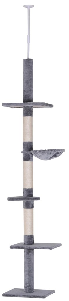 PawHut Ansamblu Pisici Înalt de la Podea la Tavan Gri Alb Înălțime Reglabilă Casuță Jocuri | Aosom Romania
