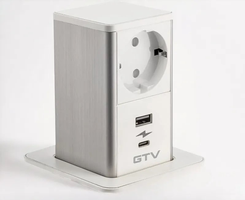 Priză încorporabilă în blat Tower GTV, 1 priză Schuko, USB A + C, alb, D:80 mm Aluminiu/Plastic, Alb, D:80 mm